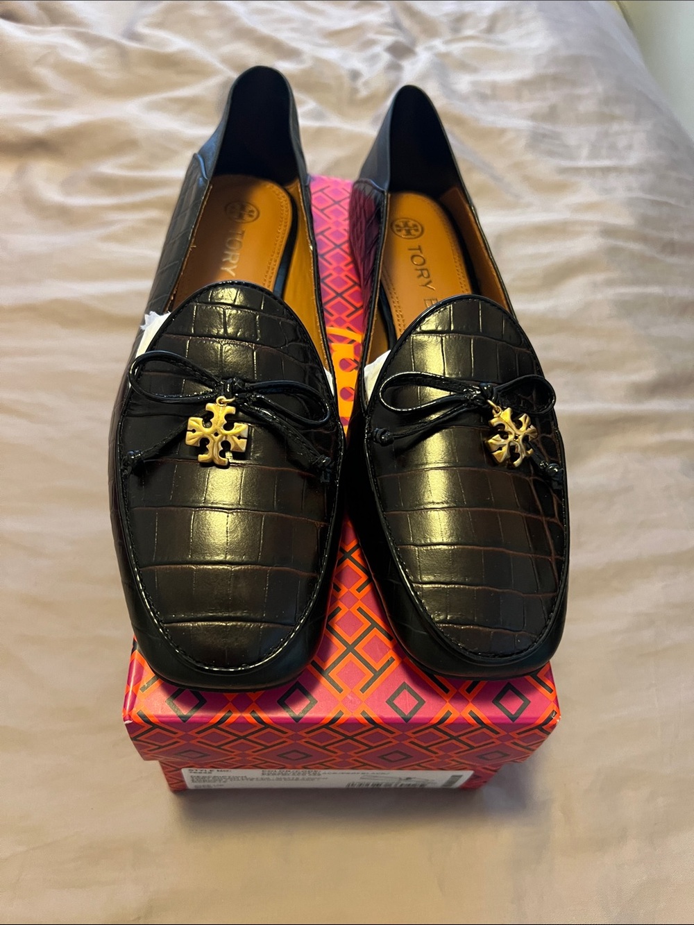Tory Burch Black Croc-Embossed Bow Loafers with Gold Logo